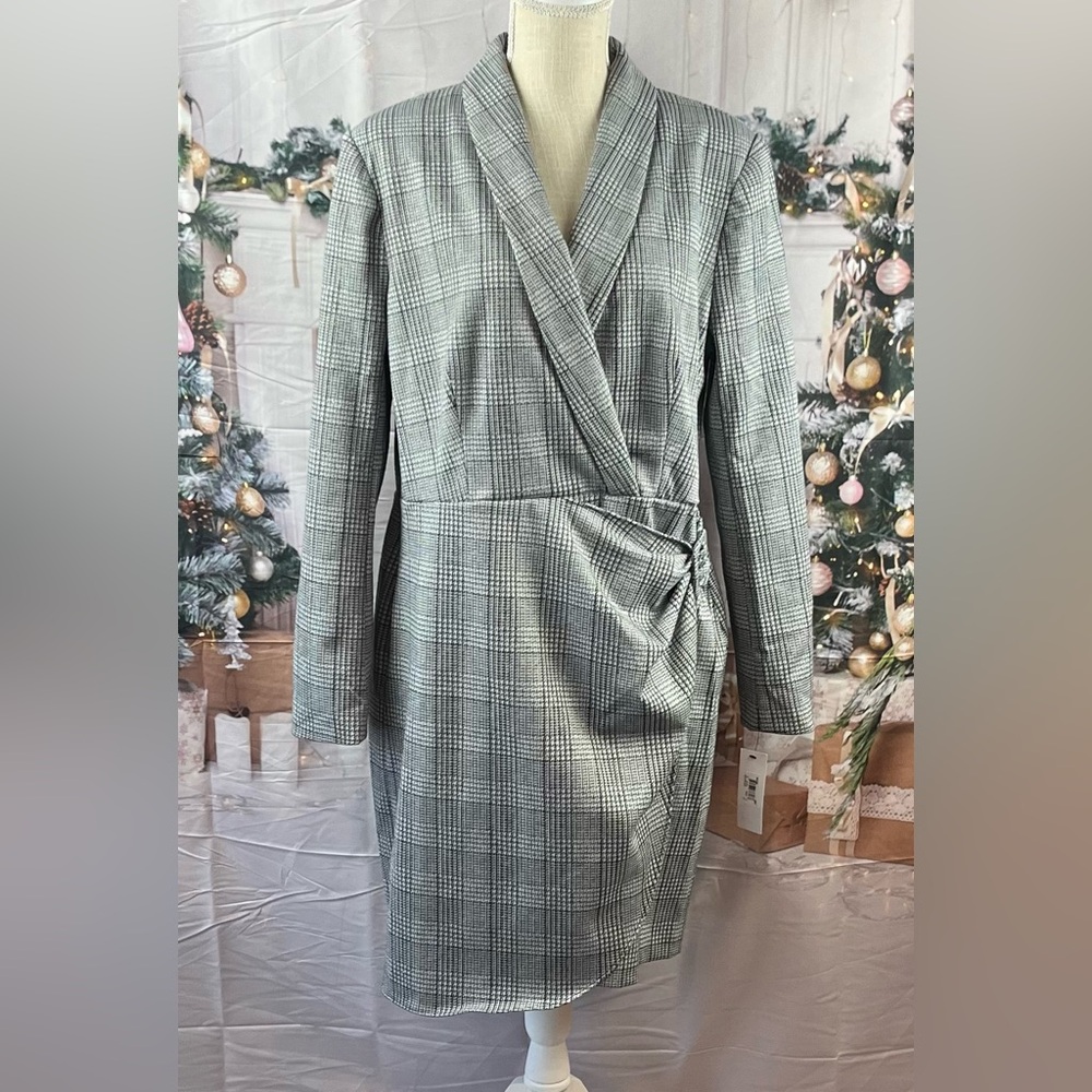 Donna Morgan Size:16 Women Long Sleeve Dress Plaid Grey/ Black Zip Metallic